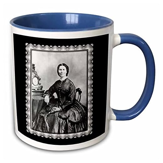 3dRose Clara Barton taken by Mathew Bracy c.1866 Civil War Era Photo of a Woman seated by an Mantle Clock 11oz Two-Tone Blue Mug