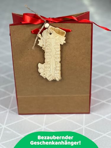 DIWULI Geschenkanhänger aus Holz Happy Birthday mit Bierkrug | Made in Germany | Geschenk-Deko mit Band | Geburtstag Party Mann Frau Geburtstagsdeko | Anhänger Geschenk Bier lustig verschönern basteln