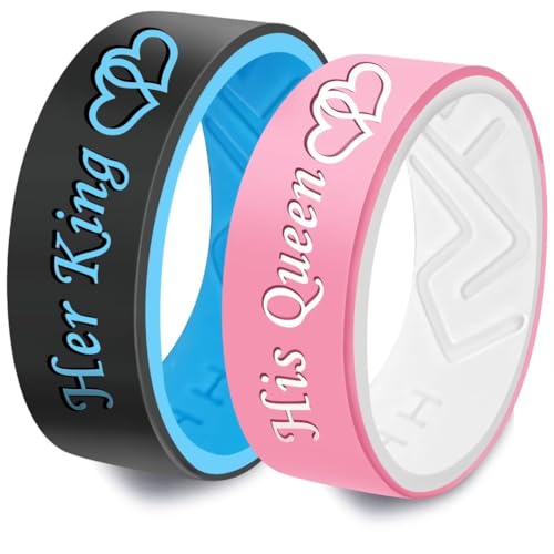 XAHH Silicone Ring for Couple,His Queen Her King Lovers Ring,Him Her Engagement Wedding Bands Matching Sets,Promise Love Heart Ring,Blue Black Men Size 10