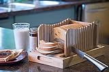 Eco friendly Bamboo Bread Slicer Guide for homemade bread - includes Stainless Steel Serrated Bread knife, Crumb Catcher, Serving tray and Foldable feature for easy storage.