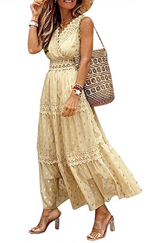 Eledobby Damen Abendkleider Polka Dot Pailletten Prinzessin Boho Maxikleider für Frauen Ärmellose Sommer Sexy V-Ausschnitt Cross Wrap Kleid Elegante Kleidung für Beach Party Apricot S Cover