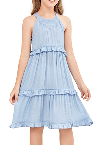 Laseily Girl's Tiered Ruffles Sleeveless Ruched Midi Dress Halter Neck Tie Bow Backless Casual Party Dresses Blue #TOP7