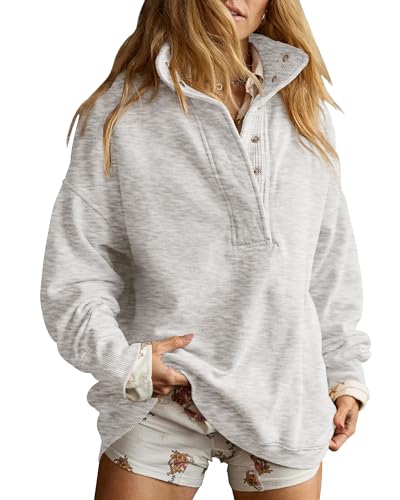Gacaky Sweatshirt for Women Oversized Casual Long Sleeve Button Henley Neck Pullover Tops Fashion Outfits Clothes Light Gray M