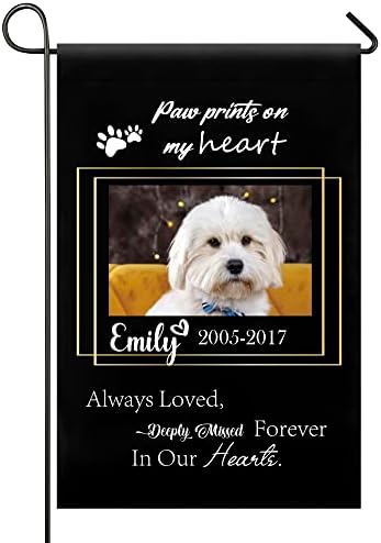 Custom Memorial Flag for Pet, with Dog Cat Pet Photos, Name And Date, Outdoor Yard Home Cemetery Decorations for Grave Garden Flag 12 X 18 Inches, Double-Sided(Black Design1)