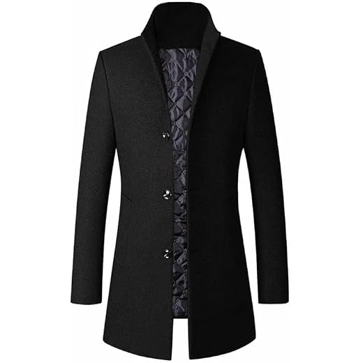 Lavnis Men's Winter Trench Coat Wool Blend Pea Coat Slim Fit Single Breasted Topcoat Business Dowm Jacket Thicken Black L