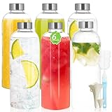 Lot de 6 Bouteille Verre 1L   Bouteille en Verre 1 Litre avec Couvercles Hermétiques et Brosse de Nettoyage  Gourde Verre Étanche pour Jus,Boissons,Smoothie,Café,Étanche,Transparent