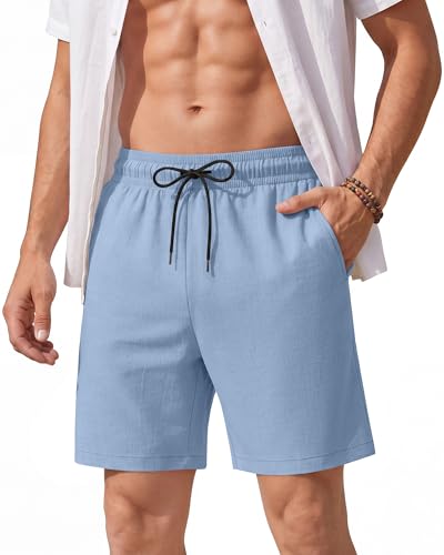Image of August Alley Men's Linen Shorts with Liner Summer 5 Inch Casual Elastic Waist Drawstring 2 in 1 Beach Shorts with Pockets