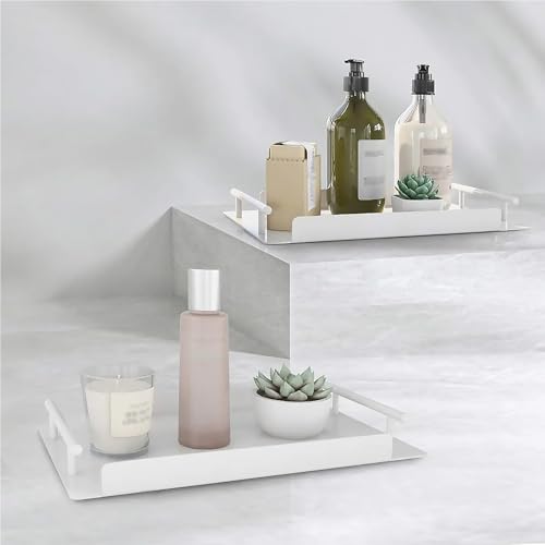 Image of FLE Bathroom Organizer Countertop Tray Set, 2 Pack, White, Stainless Steel, Rectangular