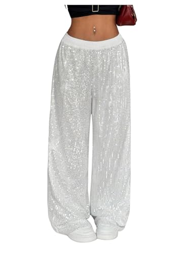 Floerns Women's Shiny Sequin Wide Leg Pants Elastic Waist Sparkly Baggy Pants Silver Medium