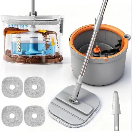 Spin Mop and Bucket Set with Dirty Water Self Separation System, 4 Mop Head Replacements Included, Spring, Mother's Day