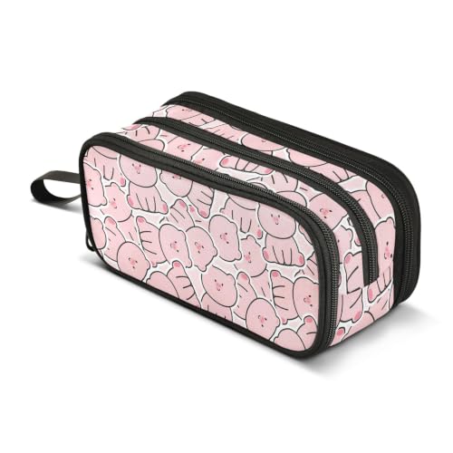 Image of Pencil Case Zipper Pencil Holder Cartoon Pink Pig Large Capacity Pencil Pouch Stationery Pen Bag for Teen Girls | 3-Compartment Aesthetic Pencil Pouch Stationery Storage and Organizer, Marker Case School Supplies for Teen Adult Girls Boys