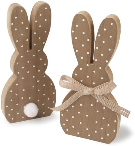 GEBETTER Pack of 2 Wooden Bunnies Decorative Easter Rabbit Wooden...