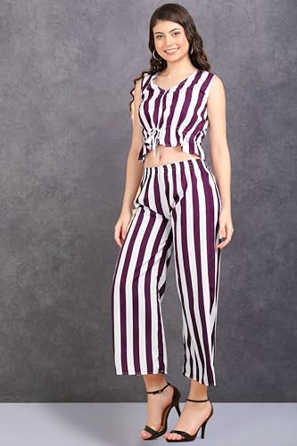 Image of POPWINGS Casual Stripe Printed Crop Top and Trouser Co-Ords Set for Women || Top and Bottom Set for Women || Women Top and Trousers Set | Women Trendy Co Ords Set || Two Piece Set for Women