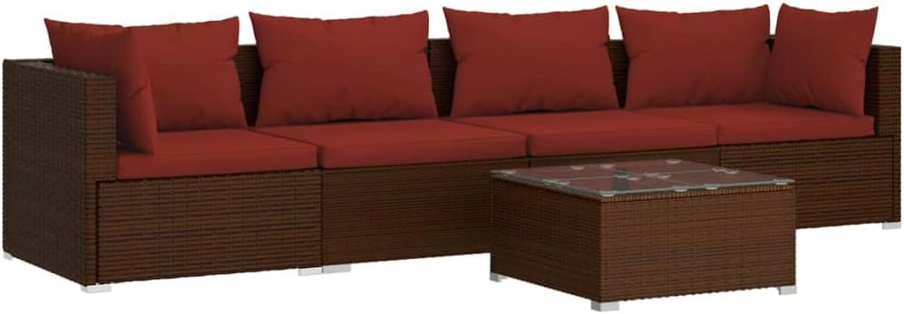 vidaXL Brown Patio Furniture - Red Cushion - 4 Seats with Table