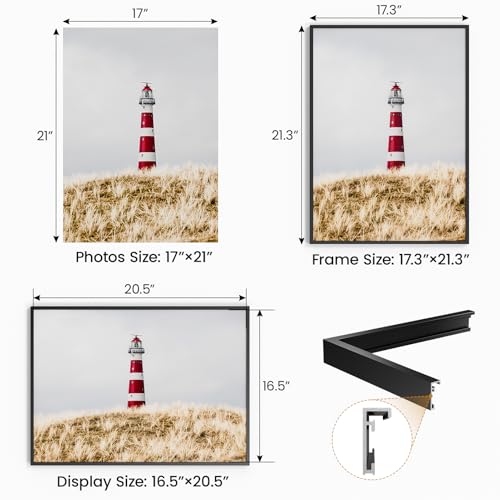 Image of 17x21 Aluminum Metal Picture Frame,Tempered Glass Black Photo Frame 17x21 for Family Photo,Posters,Art,Document to Wall Mount Horizontally or Vertically
