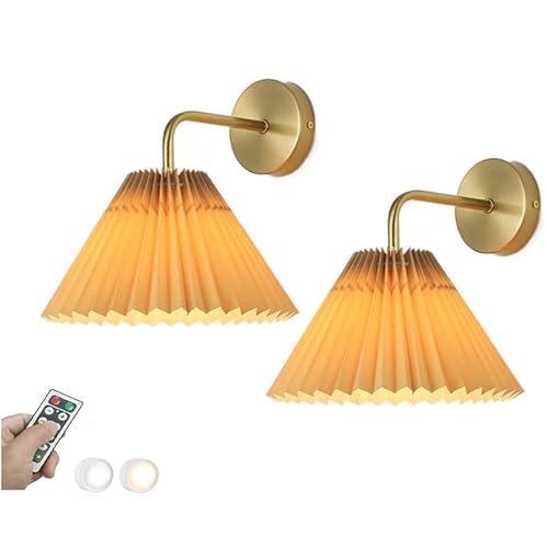 ADYOLTB Versión mejorada Juego de 2 apliques de pared dorados Lámpara de pared inalámbrica con pilas Pantalla de tela plisada Lámpara LED regulable Luz de pared recargable por USB Negro para dormitori