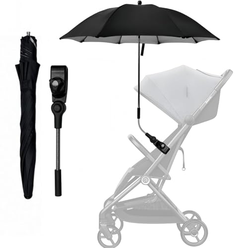 FINEVERNEK Ombrelle Poussette Universelle, Ombrelle pour Poussette Anti UV 50+, Parasol Poussette Bébé Universelle Diamètre 73 cm, Parasol pour Poussette Universelle pour Poussette et Buggy, Noir
