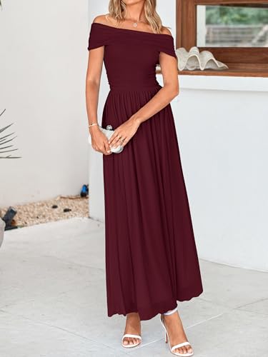 Image of MASCOMODA Women Off The Shoulder Mesh Maxi Dress Bodycon Ruched Formal Sleeveless Pleated Cocktail Wedding Guest Long Dresses