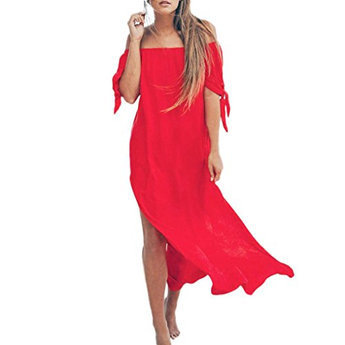 Preisvergleich Produktbild Rcool Damen Kleider Sommer Lang Chiffon Strandkleidung Schulterfrei Maxikleid Urlaub Bademode Vertuschen Sommerkleid (L, Hellrosa)