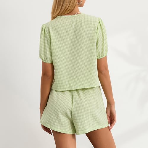 Image of Thopavenoir Women 2 Piece Casual Lounge Sets Y2k Puff Sleeve Peplum Shirt Tie Front Tee Shirt Shorts 2pcs Pajamas Sets
