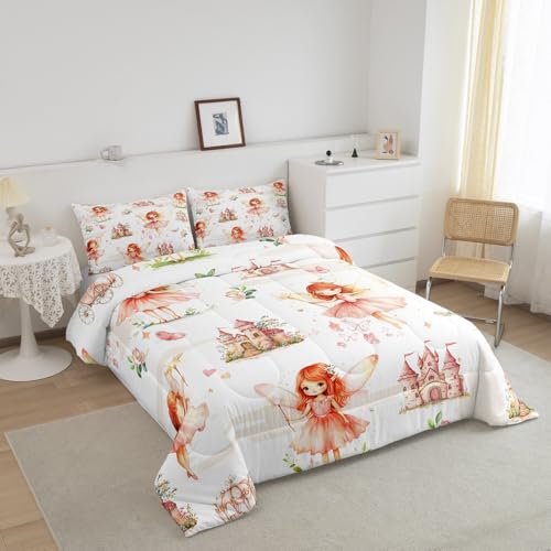 Image of Princess Castle Flower Comforter Set King Size Girls Kids Boys Duvet | Butterfly Cute Kawaii Breathable Soft Lightweight Quilt Set Bedding Set Bedroom Decor Microfiber Pink Warm Cozy All Season