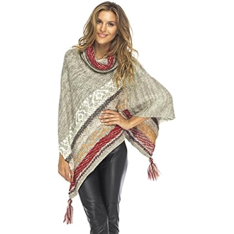 Back From Bali Womens Knit Sweater Cape Boho Soft T Neck Cowl Neck Poncho Tassels Grey Natural Cover