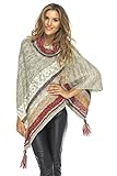 Back From Bali Womens Knit Sweater Cape Boho Soft T Neck Cowl Neck Poncho Tassels Grey Natural