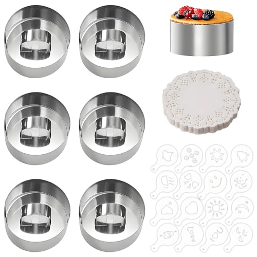 SHILIUZHI 6 Stück Dessertringe und Speiseringe Set 8cm Speiseringe mit Heber +16 Kaffee Latte Art Schablonen Edelstahl Dessertringe für Backen Kuchen Dekoration und Torten