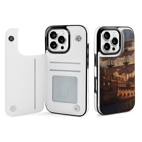Étui portefeuille en cuir iPhone 16 Pro robuste imprimé bateau pirate fantaisie