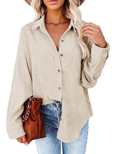 AKEFUN Womens Corduroy Button Down Shirts Long Sleeve Oversized Boyfriend Casual Blouses Tops, Beige L