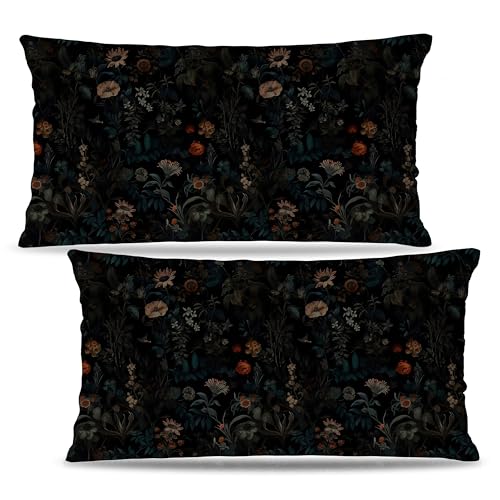 DAYOUER Dark Boho Moody Floral Pillow Cover 12x20 Double-Sided, Black Mystical Gothic Exotic Botanical Flower Garden Decorative Throw Pillow Cover for Home Bedroom Living Room，Set of 2