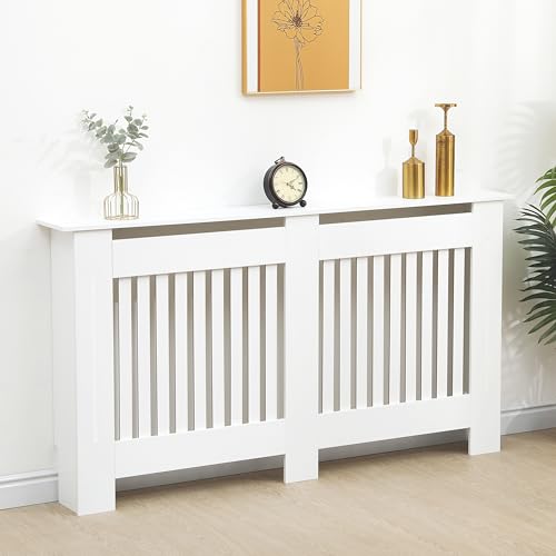 Vivo Technologies Radiator Cover White Modern Horizontal Slats, Large Radiator Cover Grill Shelf Cabinet MDF Wood Decorative Heater Cover,White, W 152 x H 82 x D 19 cm
