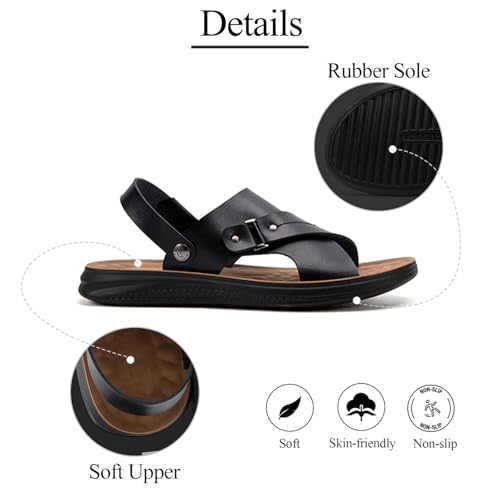 Mens Leather Flat Beach Sandals Comfortable Slip-On Round Open Toe With Adjustable Ankle Strap Sandals For Casual Daily Outdoor Summer Beach Vacation4