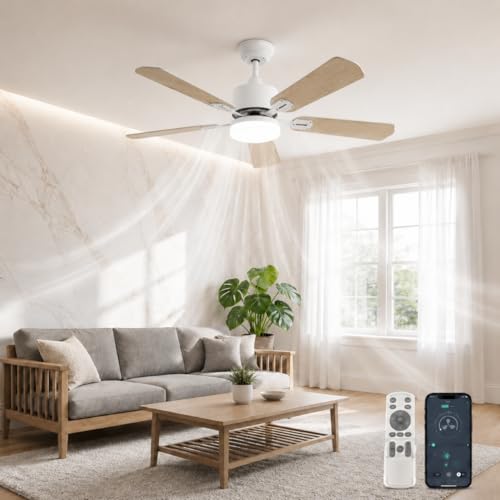 Ventilador de techo con luz DATO de 132 cm y 5 aspas de madera color blanco para salón