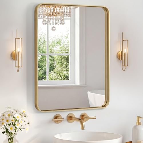 Image of NEWBULIG 16X20 Inch Bathroom Mirror for Over Sink, Wall Vanity Mirrors Tempered Glass, Anti-Rust Metal Framed Rounded Rectangle, Hangs Horizontally or Vertically, Farmhouse Home Decor, Gold