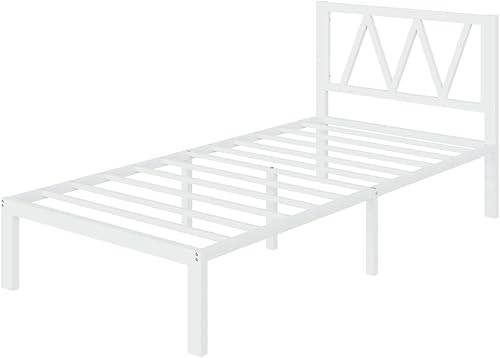 Miniatura 8 de Avenco Marco de cama individual de 14 pulgadas con cabecero, marco de cama de plataforma de metal blanco, marco de cama de tamaño individual, no