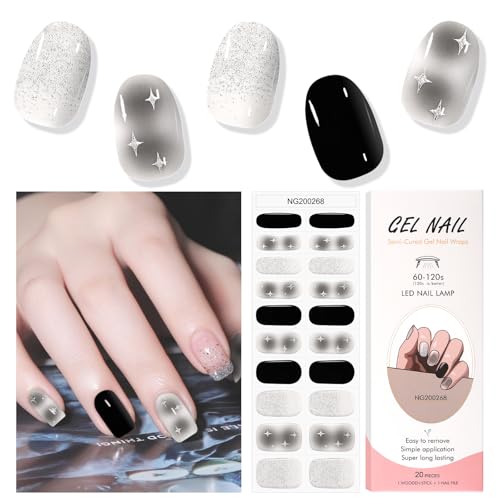 EBANKU 20PCS Uñas de Gel Pegatinas, Estrella Negra Pegatinas Uñas Gel, Pegatinas Uñas Semipermanente Gel Solido Uñas con Lima de Uñas para Arte de Uñas DIY (Requiere Lámpara UV/LED)