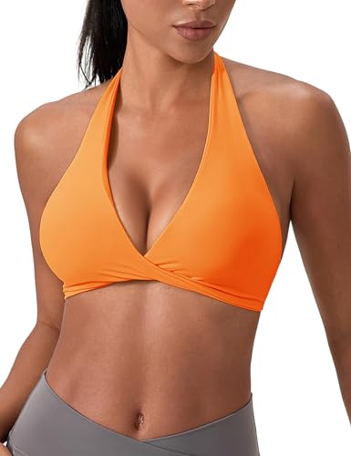 Image of OLAIRE Orange Halter Sports Bras for Women Low Support Workout Yoga Bralette V-Neck Removable Padded Backless Everyday Bra