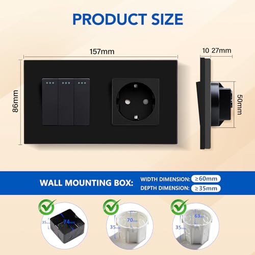 BSEED Lichtschalter mit Steckdose 3 Fach 2 Wege,10A Kristall Glas Platte Wandschalter mit 16A Schuko Steckdose Schwarz,Physische Unterputz Wechselschalter mit Steckdose- 157mm