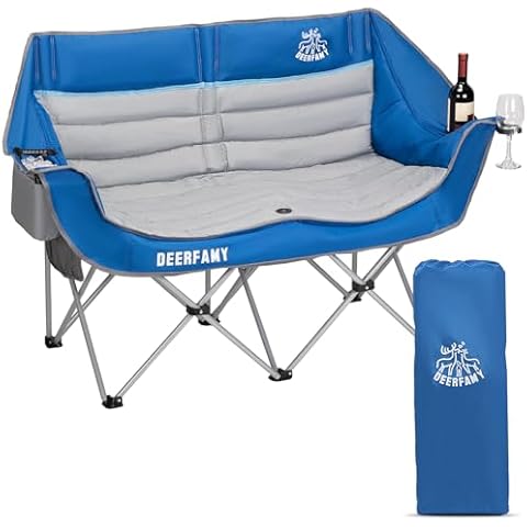 DEERFAMY Double Camping Chair Portable Folding Outdoor Loveseat with Cup & Wine Glass Holder for Outdoor/Beach/Patio-Supports up to 530 LBS（Blue） Cover