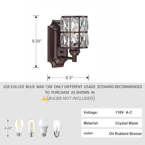 Image of 1 Light Crystal Modern Oil Rubbed Bronze 2 Pack Wall Sconce Light Fixture