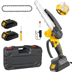 8-Inch Mini Chainsaw, ordless Chainsaw, ight Weight Battery-Powered, ith 2 Chains and Two high-Capacity Batteries, ith Safety Lock and Brushless Motor for Pruning Trees and Cutting Wood
