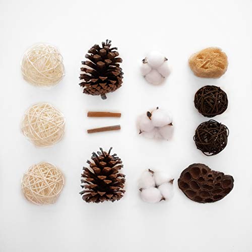 Decorative Balls for Bowls Decorations Set - Vase Fillers 3 White Rattan Balls 2 Brown Rope Woven Balls Cotton Flowers Pine Cones Loofah Sponge Lotus Flower Sandalwood for Wedding Centerpieces Kitchen