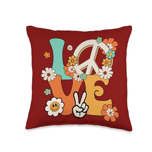Peace 60's 70's Outfits Men Women Boys Girls Kids Peace Sign Love 60s 70s Costume Groovy Hippie Theme Party Throw Pillow, 16x16, Multicolor