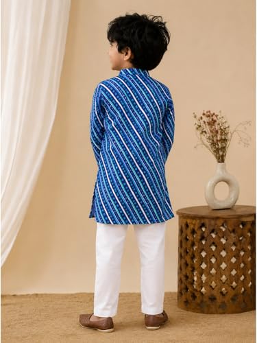 Image of superminis Cotton Boys Sanganeri Lehariya Printed Kurta Set with White Pyjama Elastic Closure