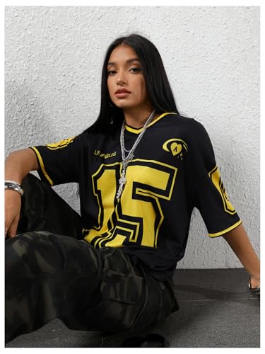 Image of SOLY HUX Jersey Shirts for Women Number Graphic Print V Neck Baggy Tees Hip Hop Streetwear