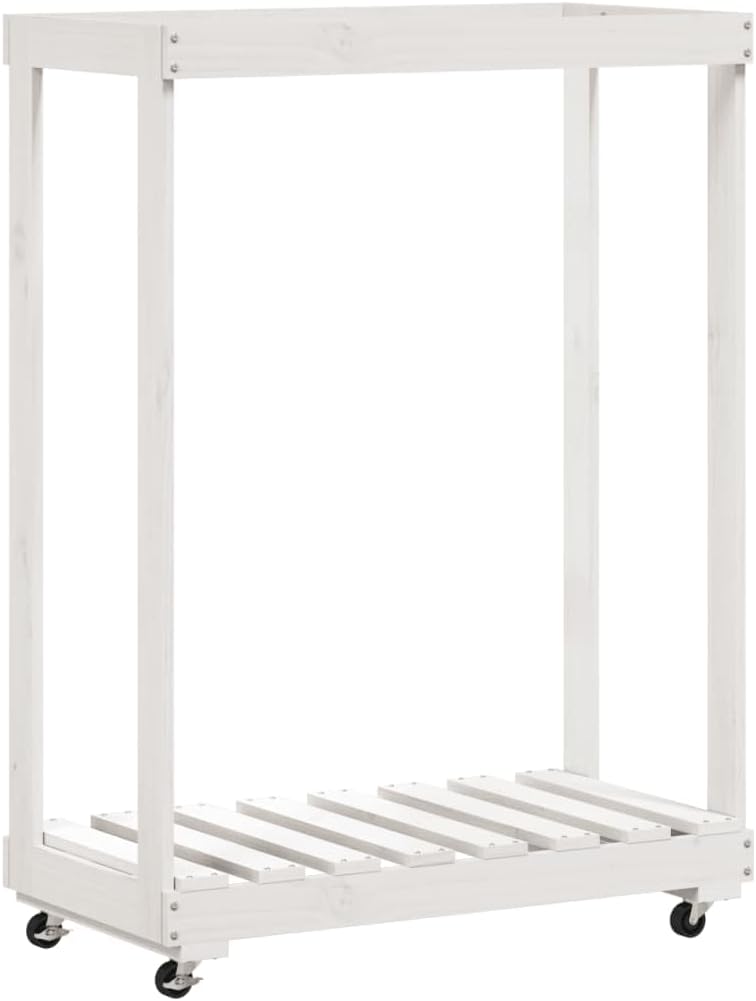 Solid Wood Log Holder with Wheels, Firewood Rack for Fireplace Storage Room, Firewood Carrier for Fireplace, Fire Pit, White 30.1"x15.7"x42.5" Solid Wood Pine, -447