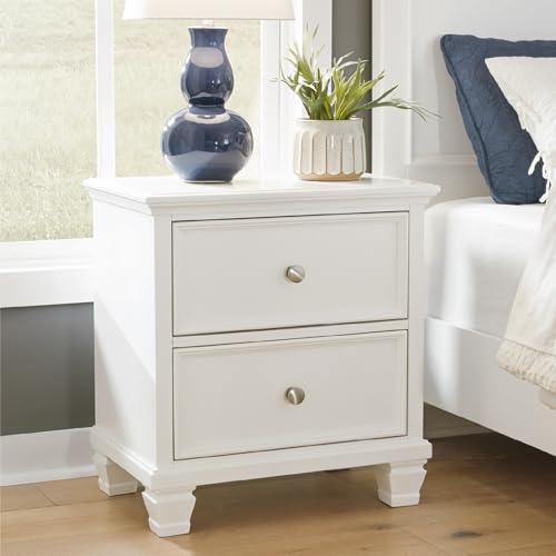 Image of Signature Design by Ashley Fortman White Nightstand, 2 Drawer Storage, Hardwood Solids and MDF Construction, Traditional Wood Bedside Table, 25 inch W