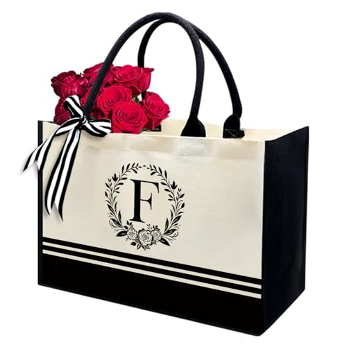 Image of Personalized Initial Canvas Tote Bags, Monogrammed Tote Bag Gifts for Women Teacher Friend for Birthday Wedding