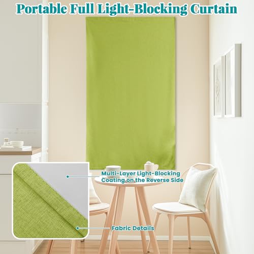 Image of 100% Blackout Magic Tape Stick On Curtains Window Shades Pull Down Blackout Window Cover No Drillng Self Adhesive Curtains No Rod Small Windows, W35 x L60 inch, 1 Panel, Fruit Green